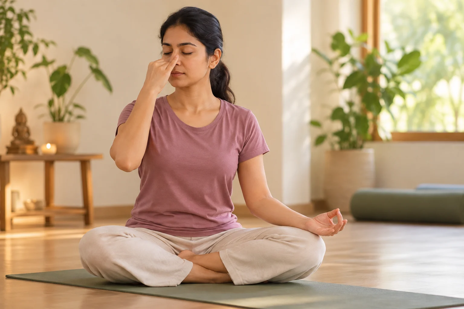 Hand position for alternate-nostril breathing, one of the calming practices you may learn