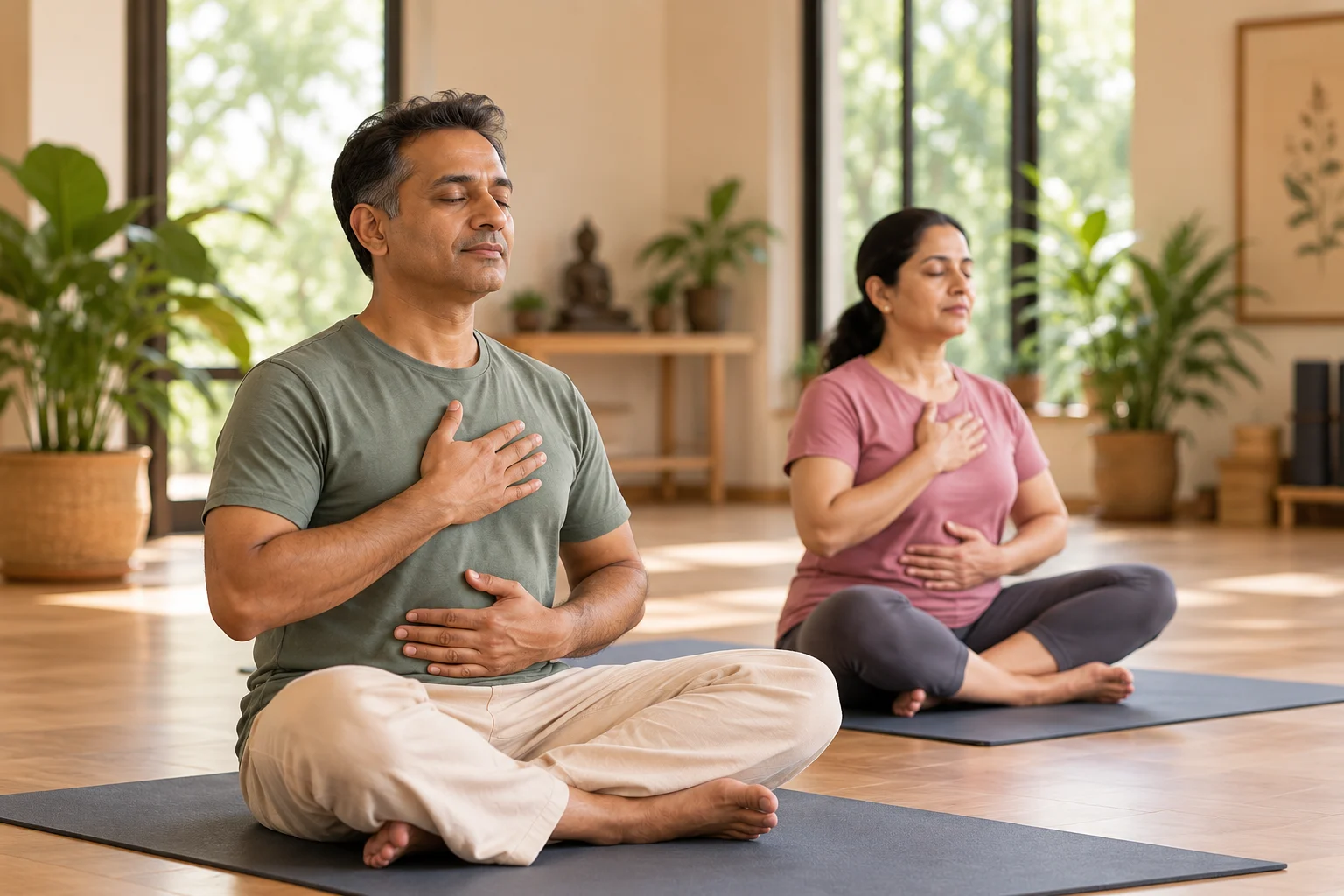 Student in a seated pose with the teacher nearby