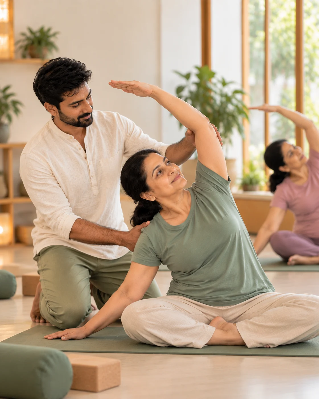 Teacher helping a beginner into a side stretch