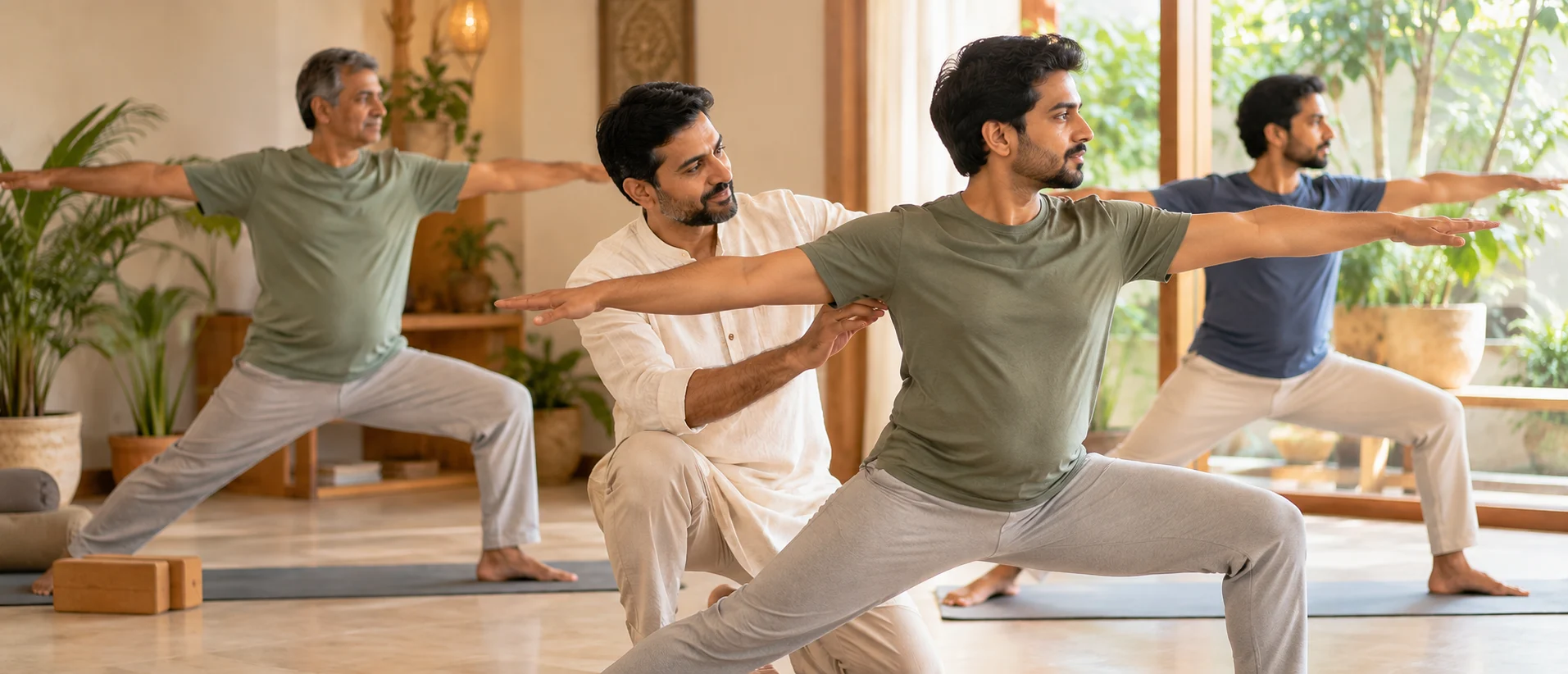 Teacher adjusting a warrior pose