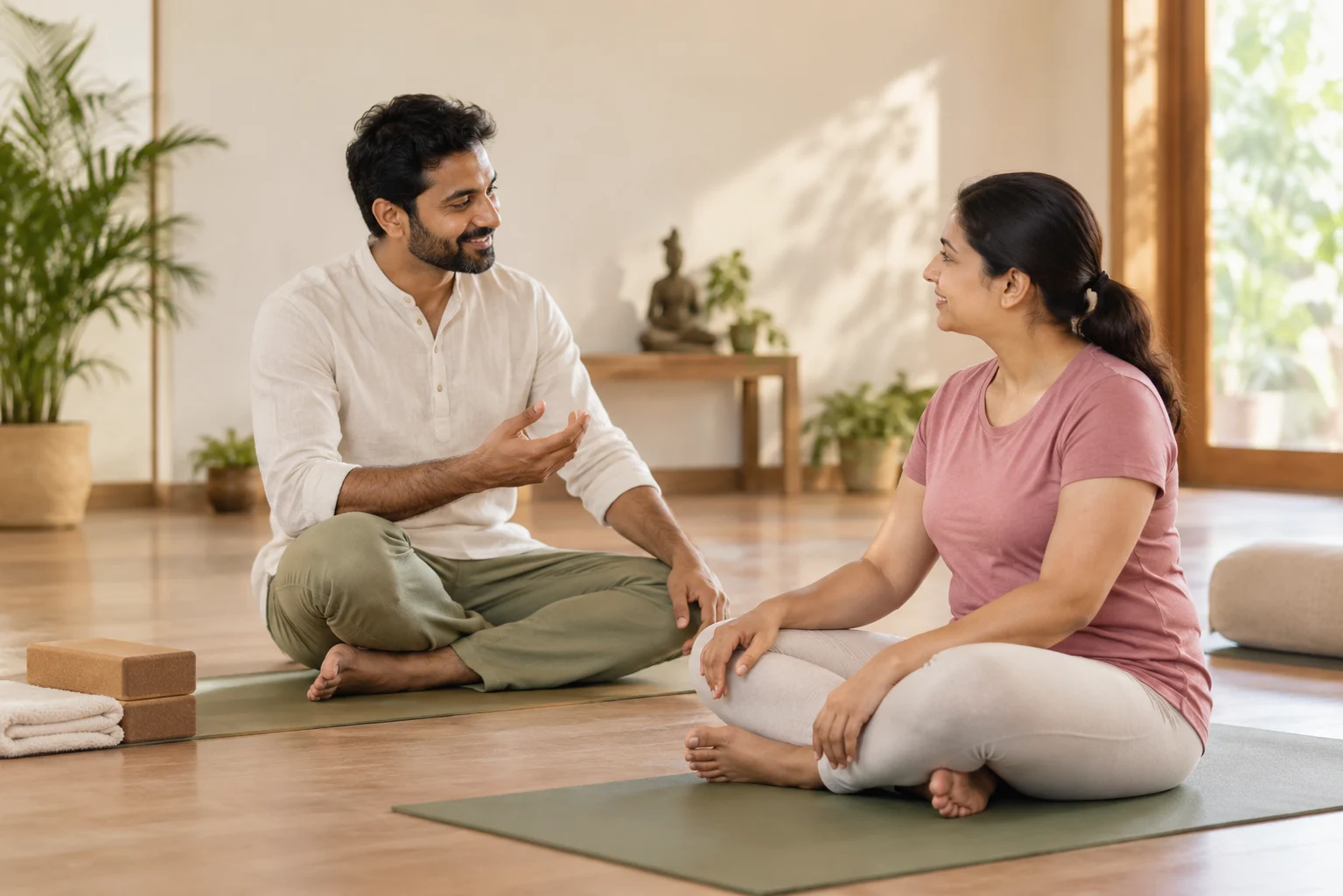 Teacher in conversation with a student at the Balewadi studio