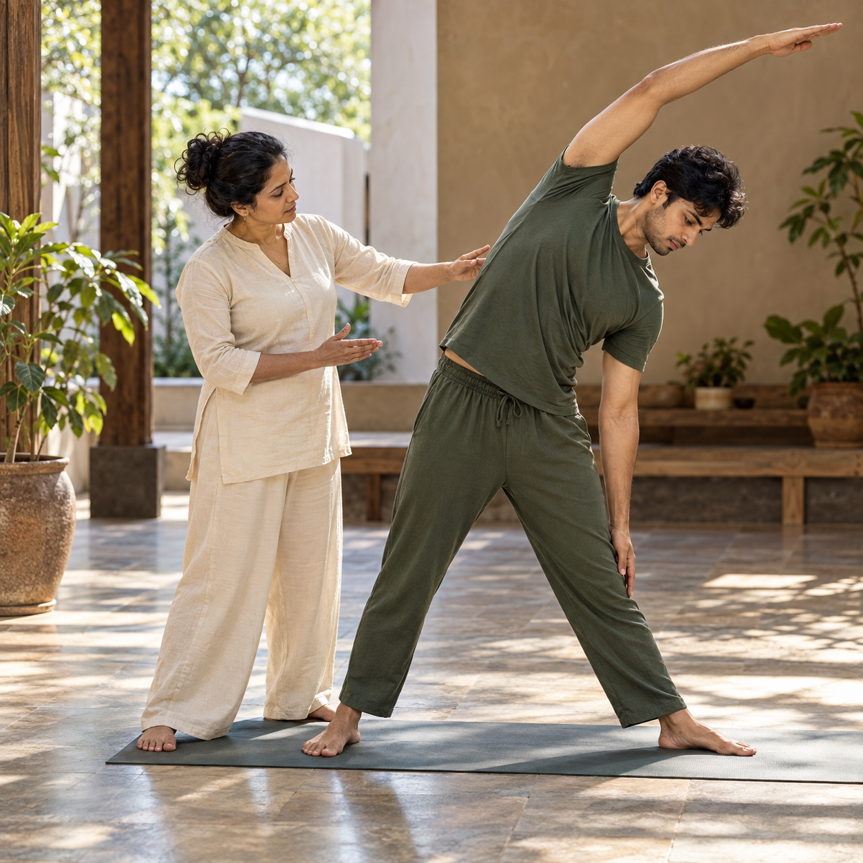 Student with one hand on the chest and one on the belly, noticing the breath