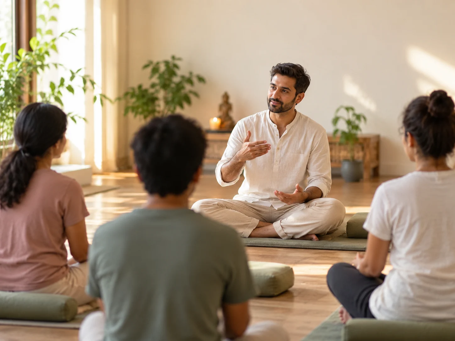 Student seated cross-legged on a mat, settling into meditation
