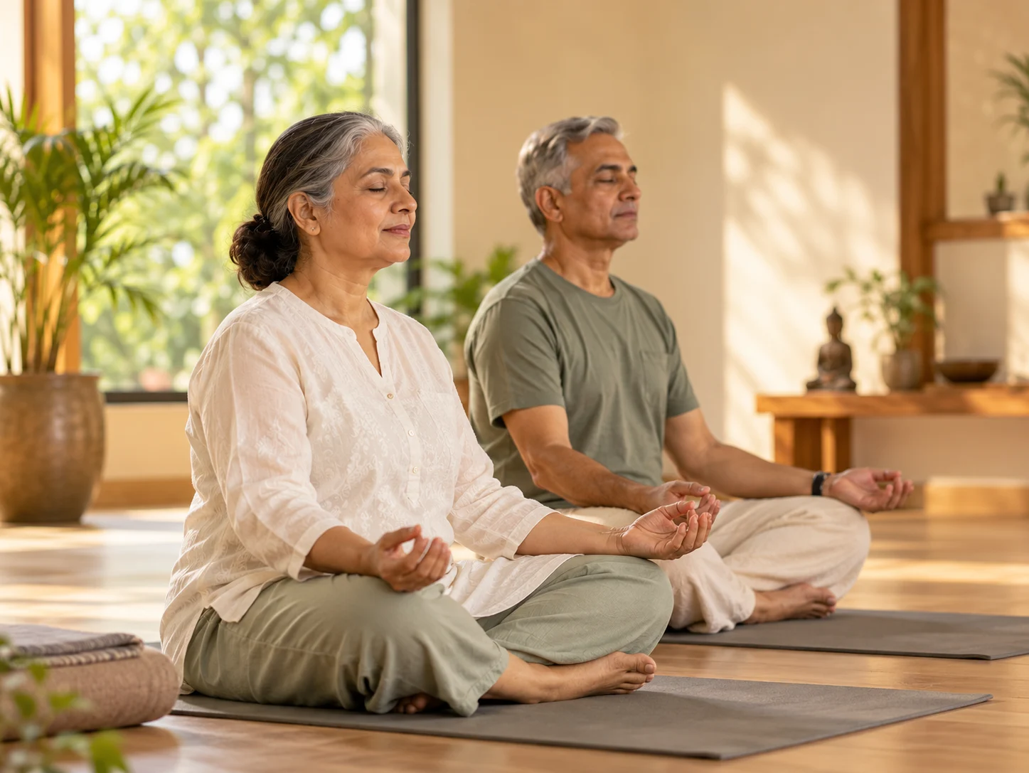 Older couple sitting together in quiet practice in a bright studio