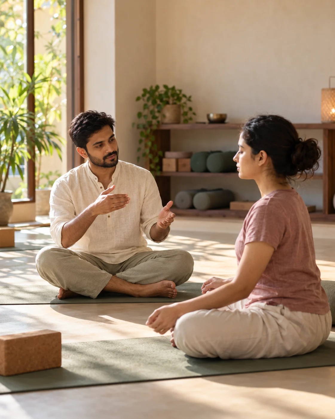 Hand resting in gyan mudra during seated meditation