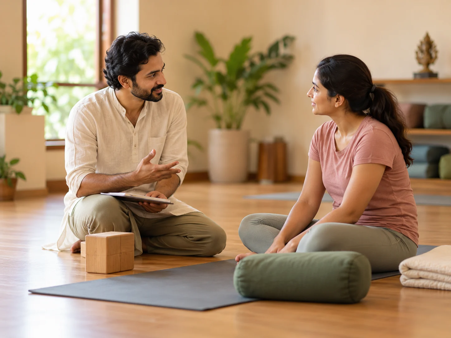 Students arriving for a meditation class with their yoga mats