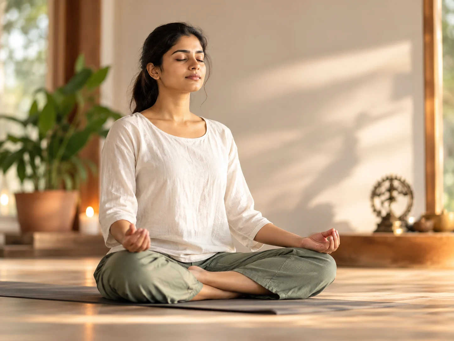 Beginner with one hand on the chest and one on the belly, noticing the natural breath
