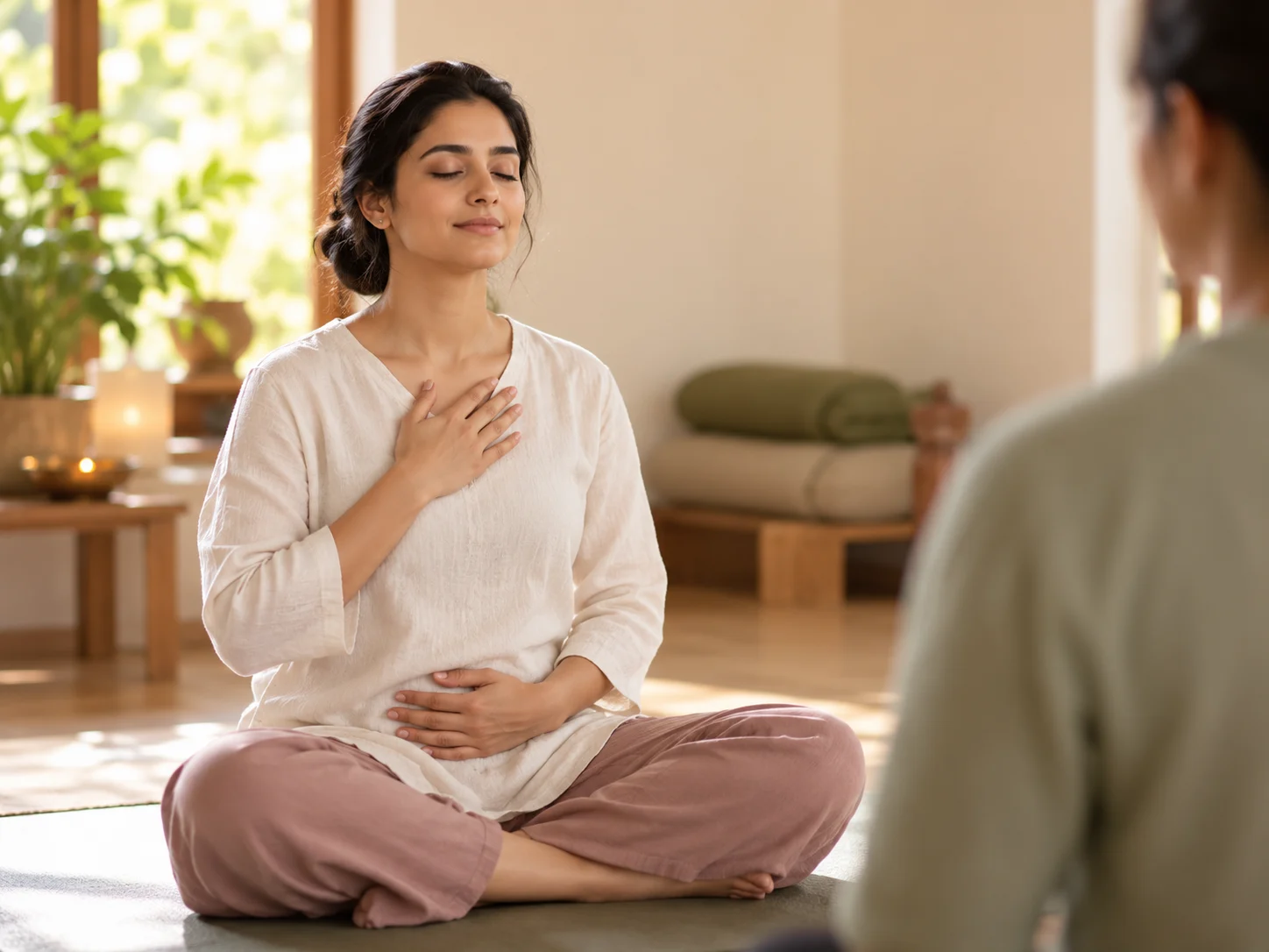 Students closing a class with hands in namaste