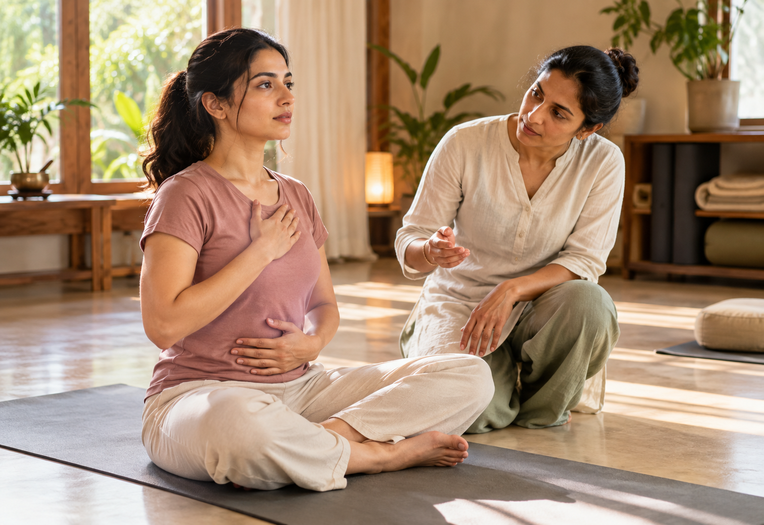 Yoga trainer conducting a mobility assessment before a personal yoga plan in Baner