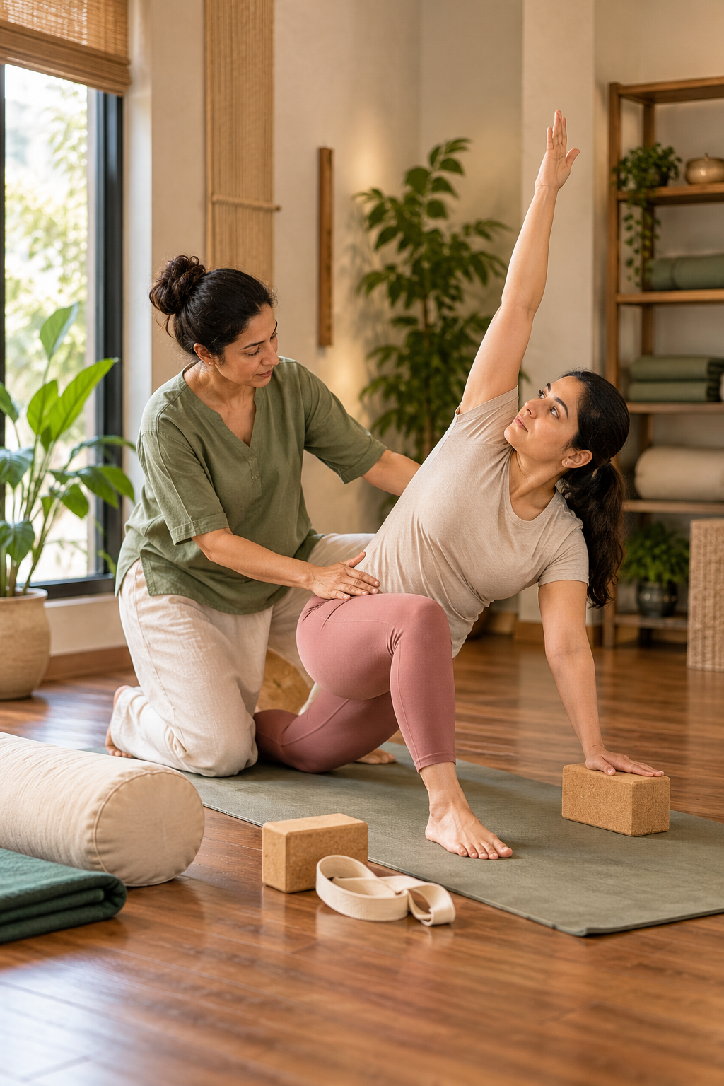 Teacher gently supporting a client’s back during a private studio session