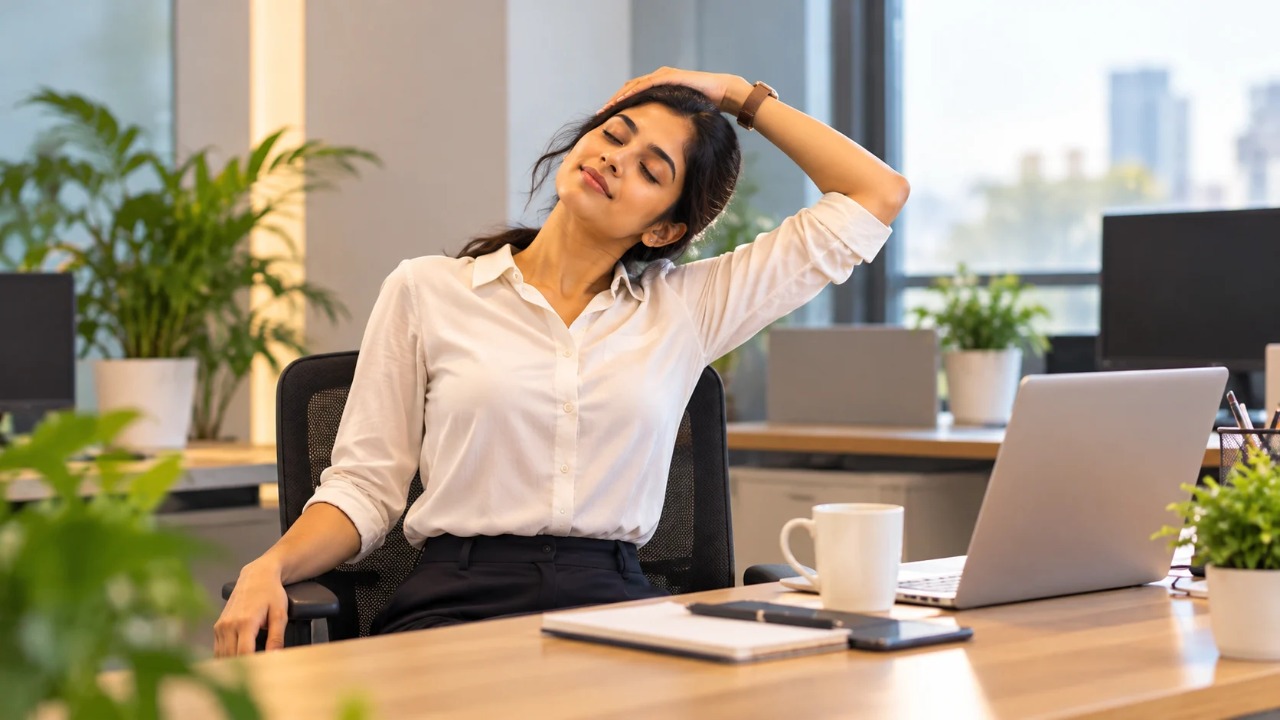 Office worker doing a seated neck and shoulder stretch at her desk beside a laptop