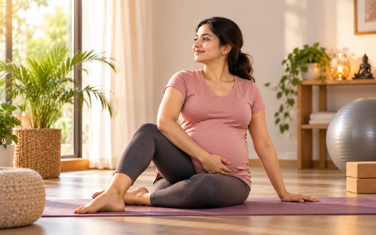 Pregnant woman sitting comfortably on a yoga mat in a calm, sunlit room