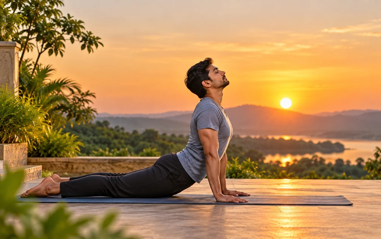 Man in cobra pose (bhujangasana) on a yoga mat on a terrace at sunrise
