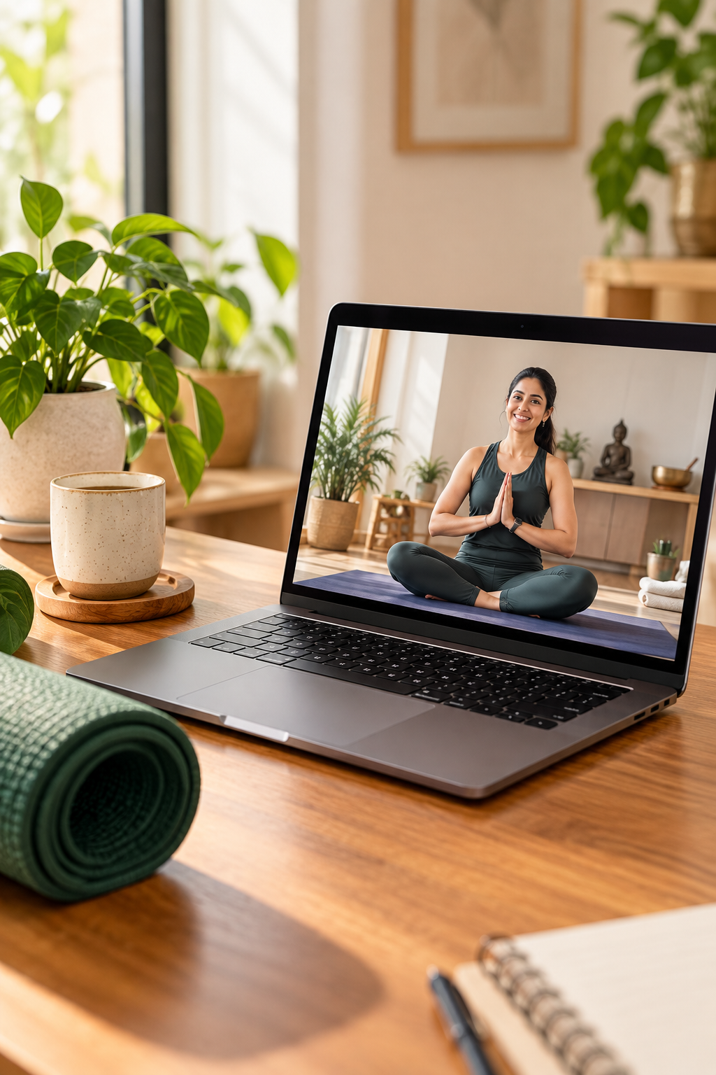 Live one-to-one online yoga session with the teacher on a laptop screen