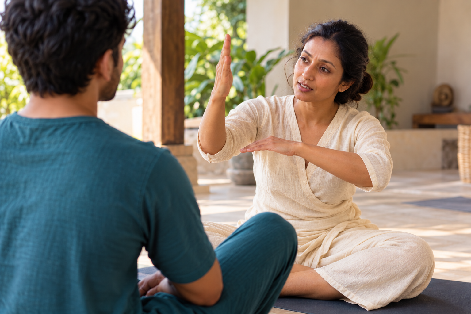 Two students following a guided seated practice
