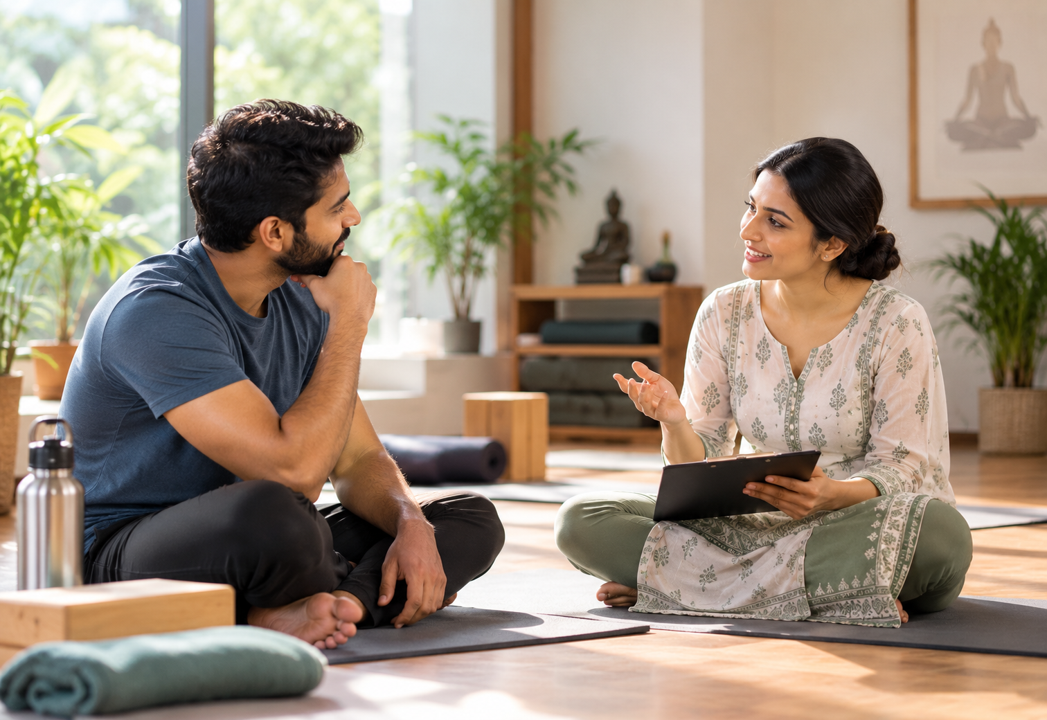 Woman on a phone call during a free yoga consultation