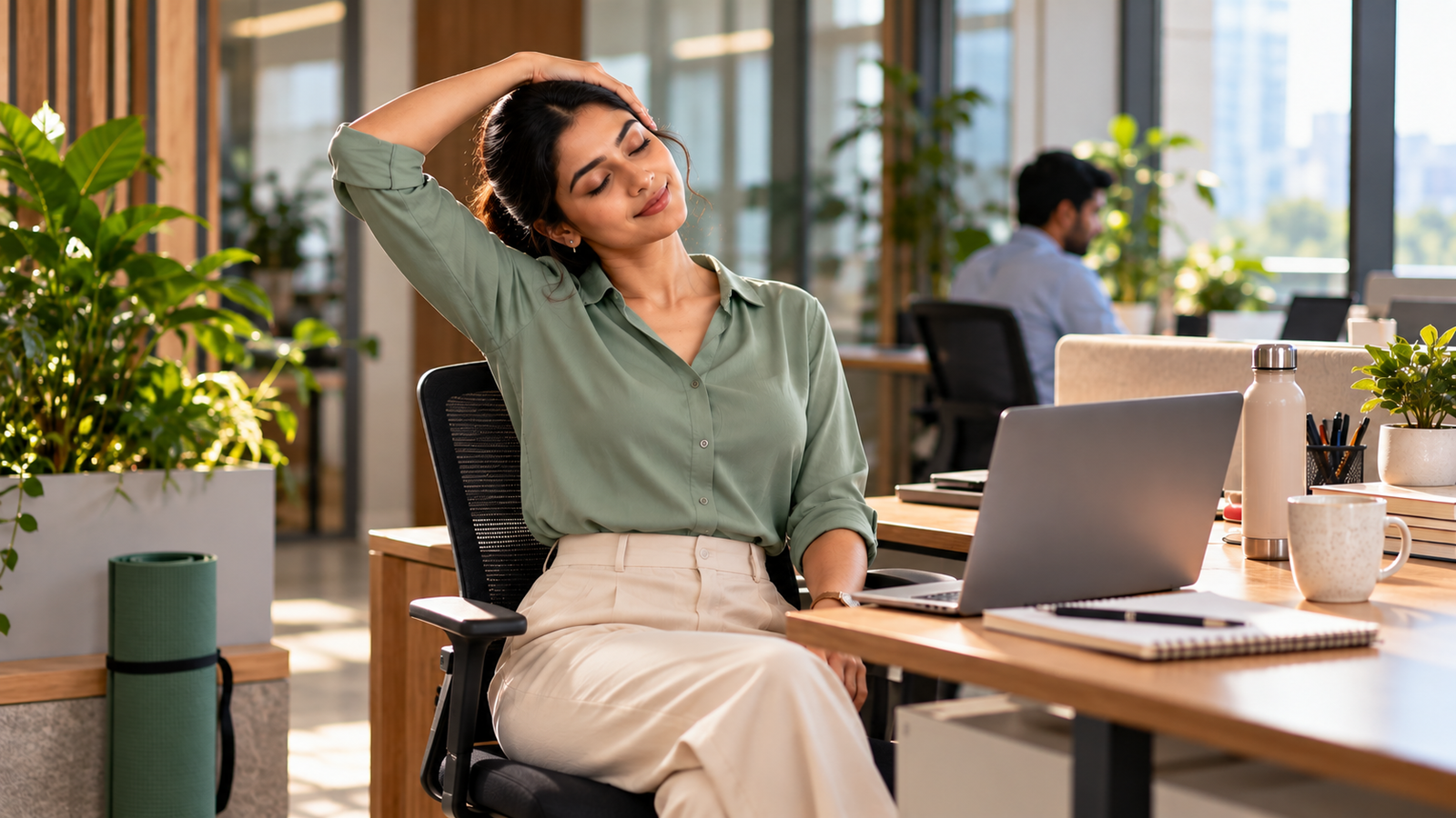 Woman in a striped top stretching back in her chair with hands behind her head at a home-office desk