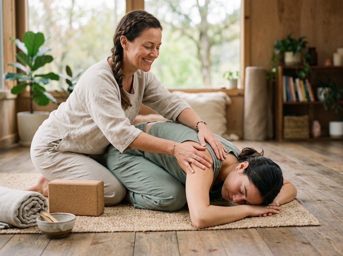 Teacher guiding alignment in a stretching pose