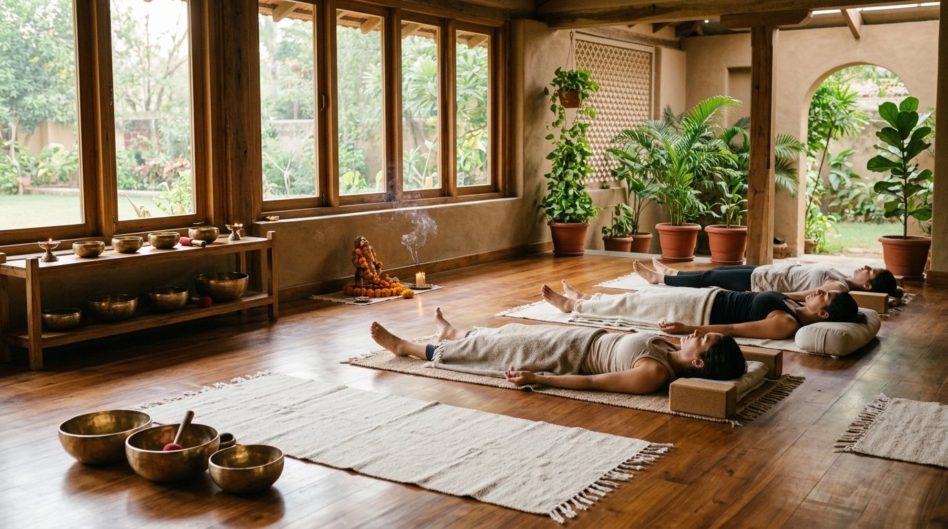 Quiet yoga hall ready for class