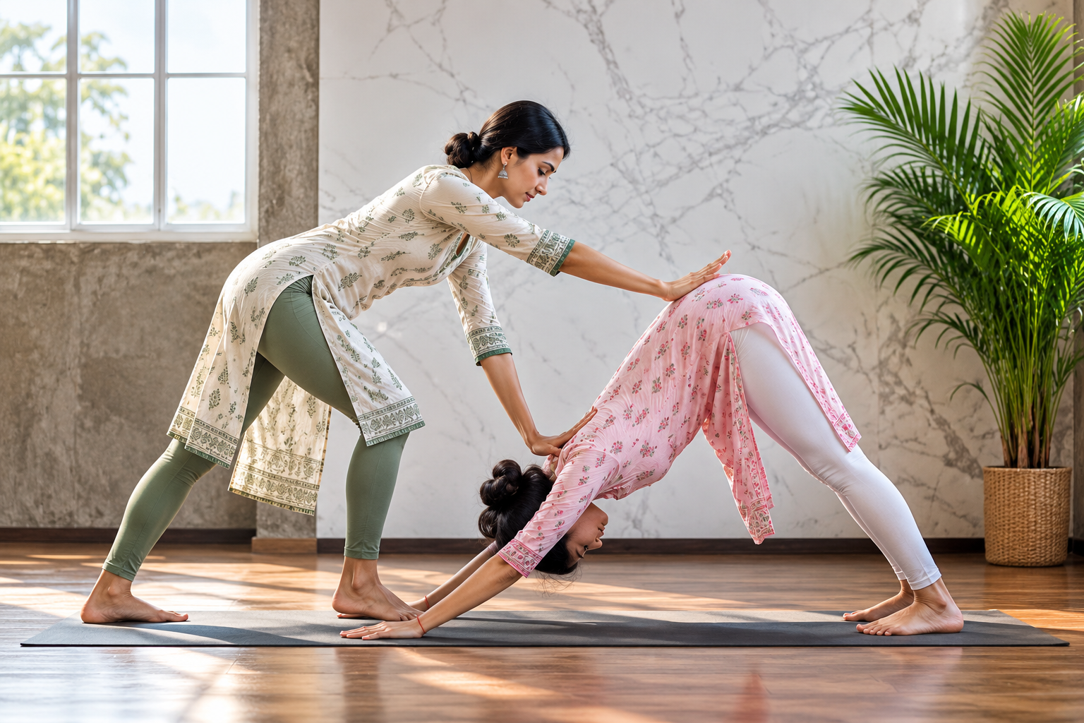 Teacher gently guiding a client in child’s pose during a private session