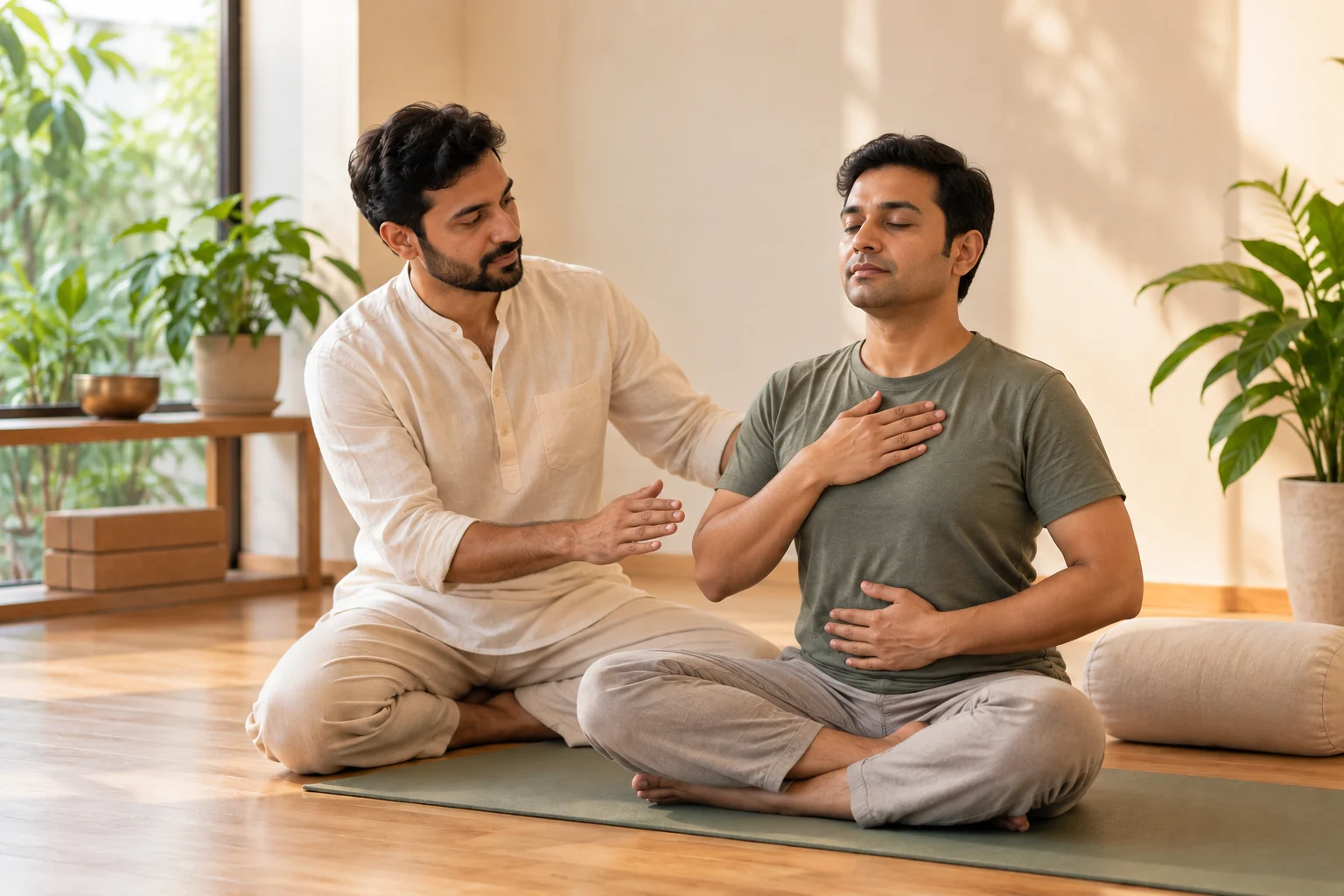 Teacher guiding a student through calm breathing in a hypertension yoga class