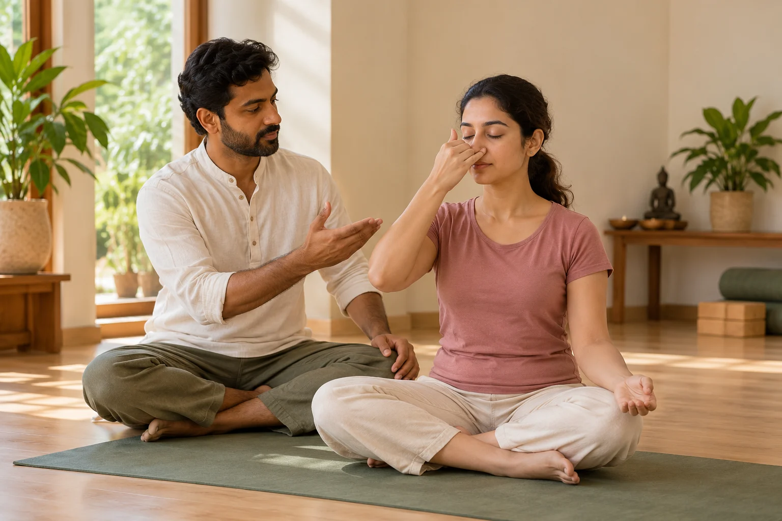 Hand position for alternate-nostril breathing, one of the calming practices you may learn