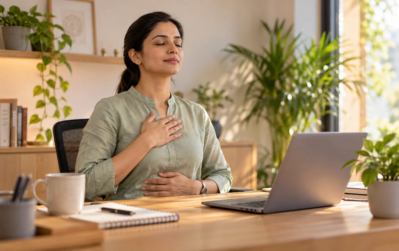 Working professional using a slow breathing practice at their desk