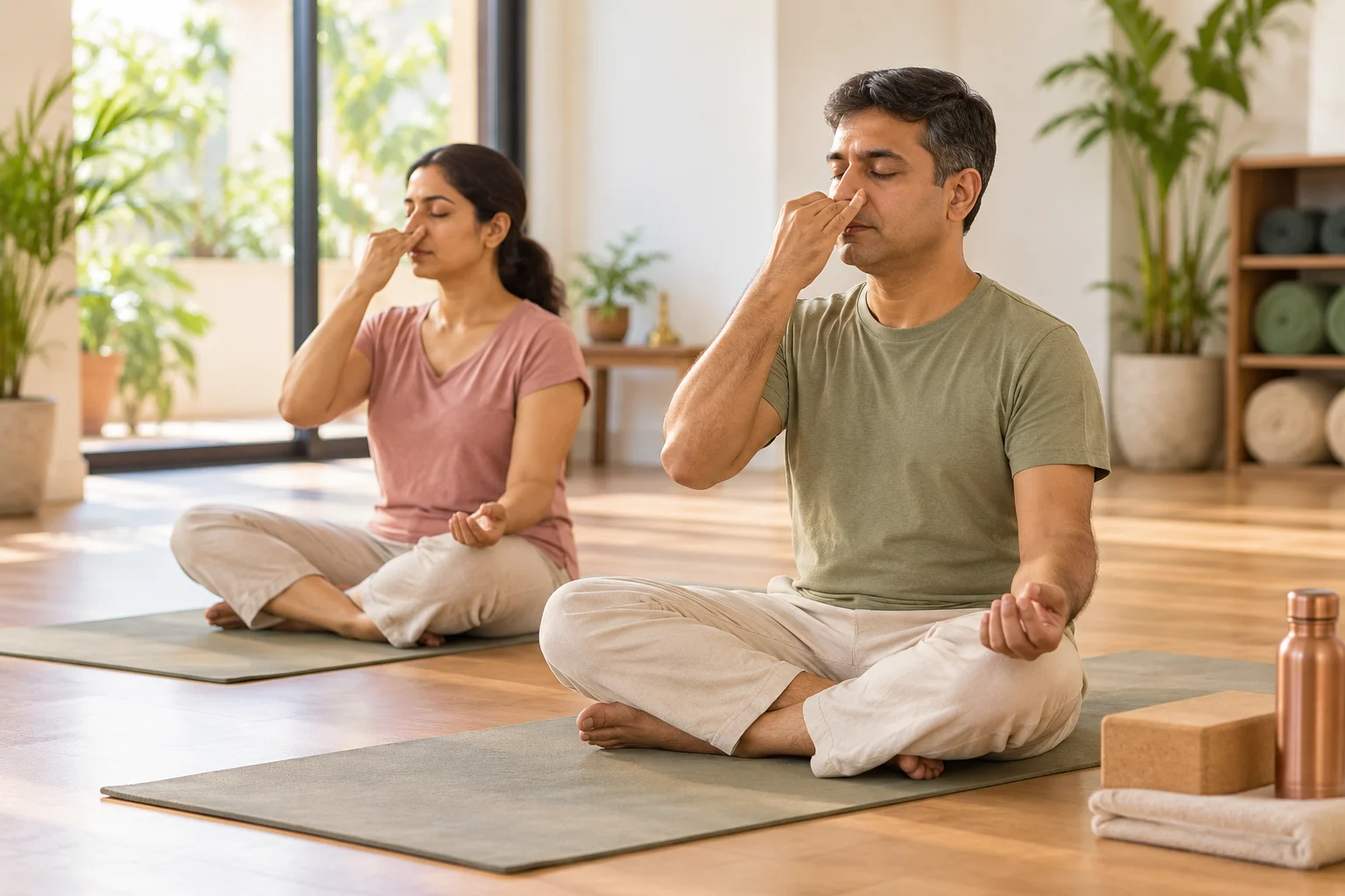 Two students practising breathing side by side