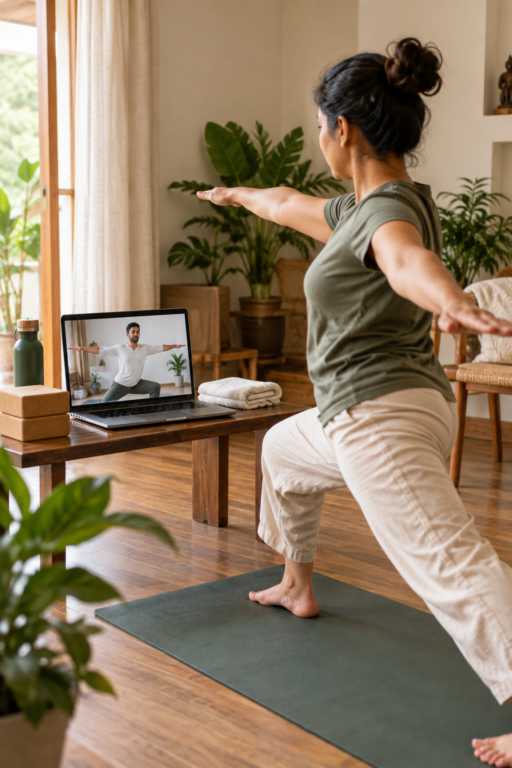 Client setting up a phone on a tripod before a live online yoga session