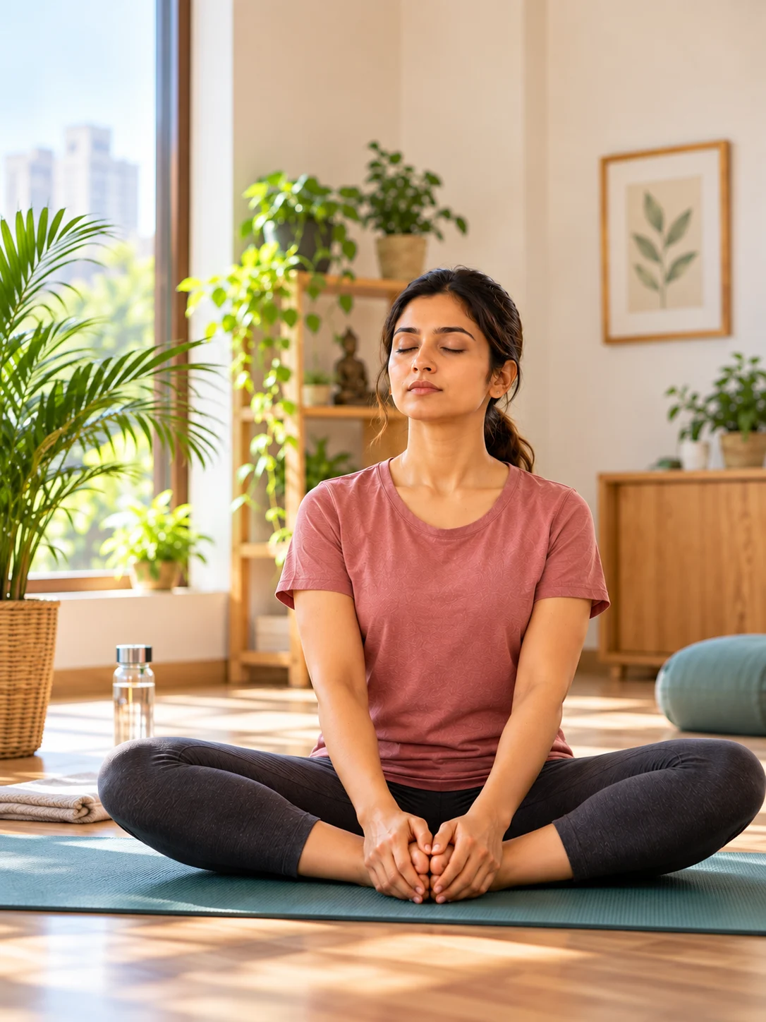 Hand resting in gyan mudra during seated practice