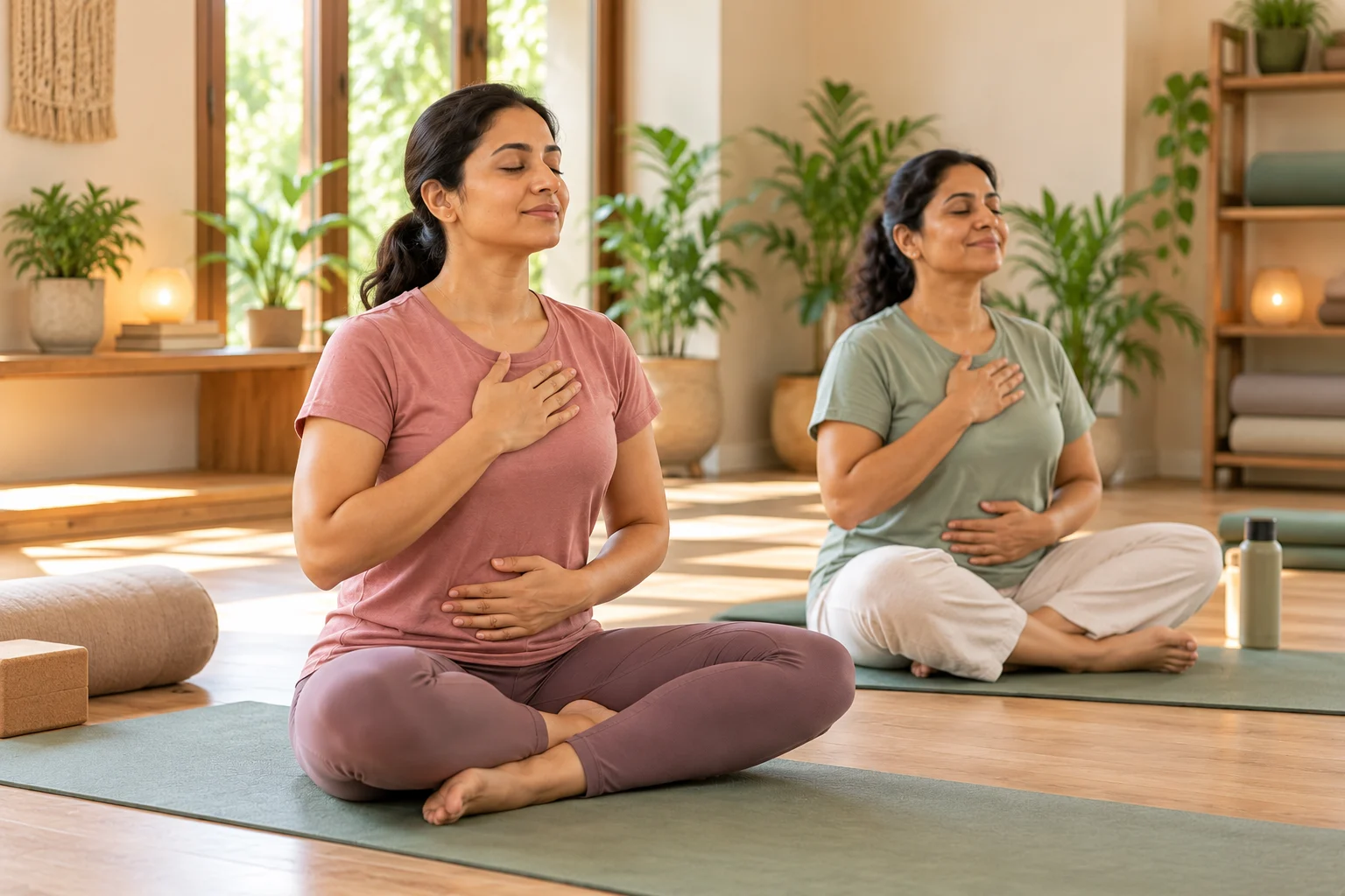 Two students practising seated together in a bright studio