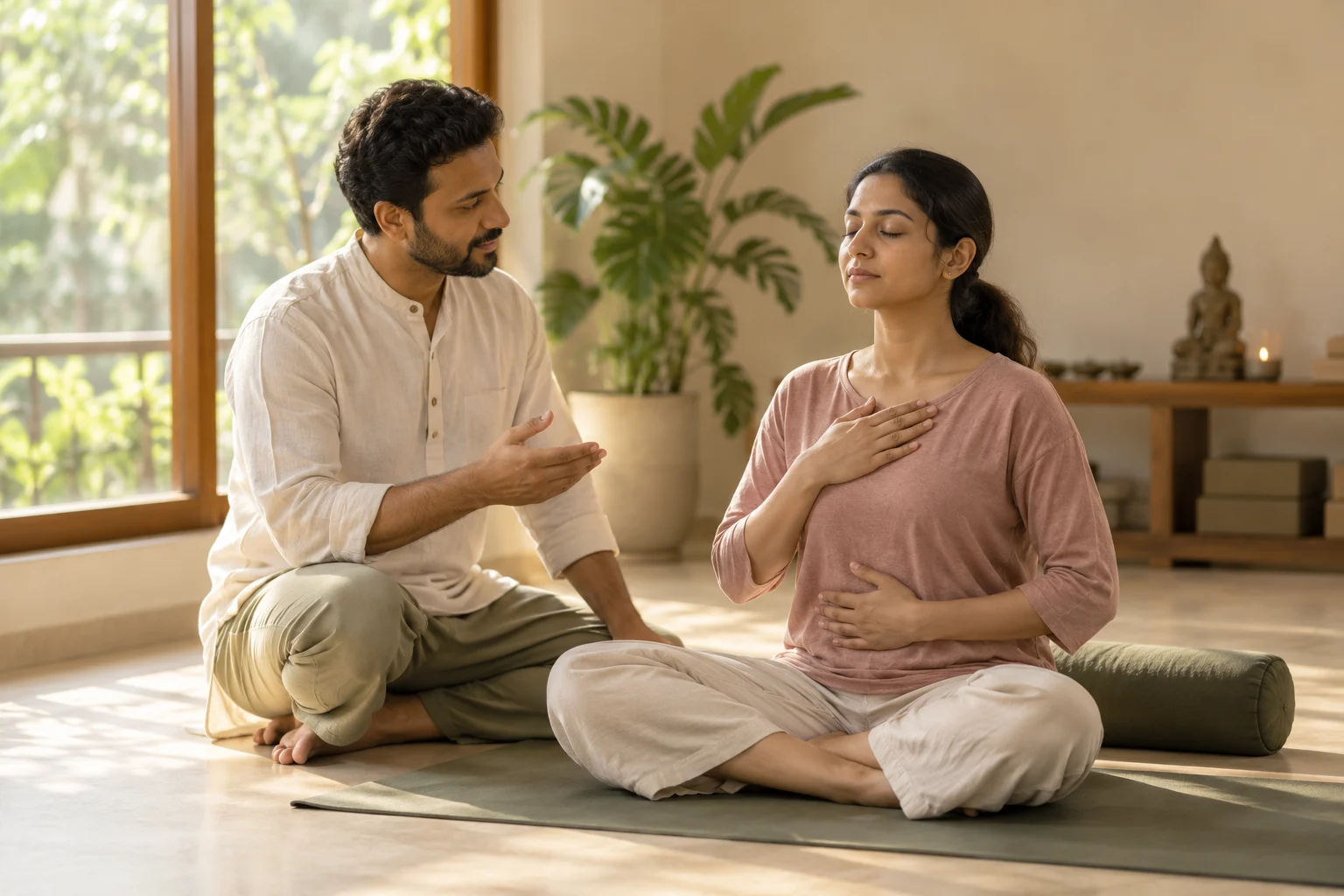 Student with one hand on the chest and one on the belly, noticing the natural breath