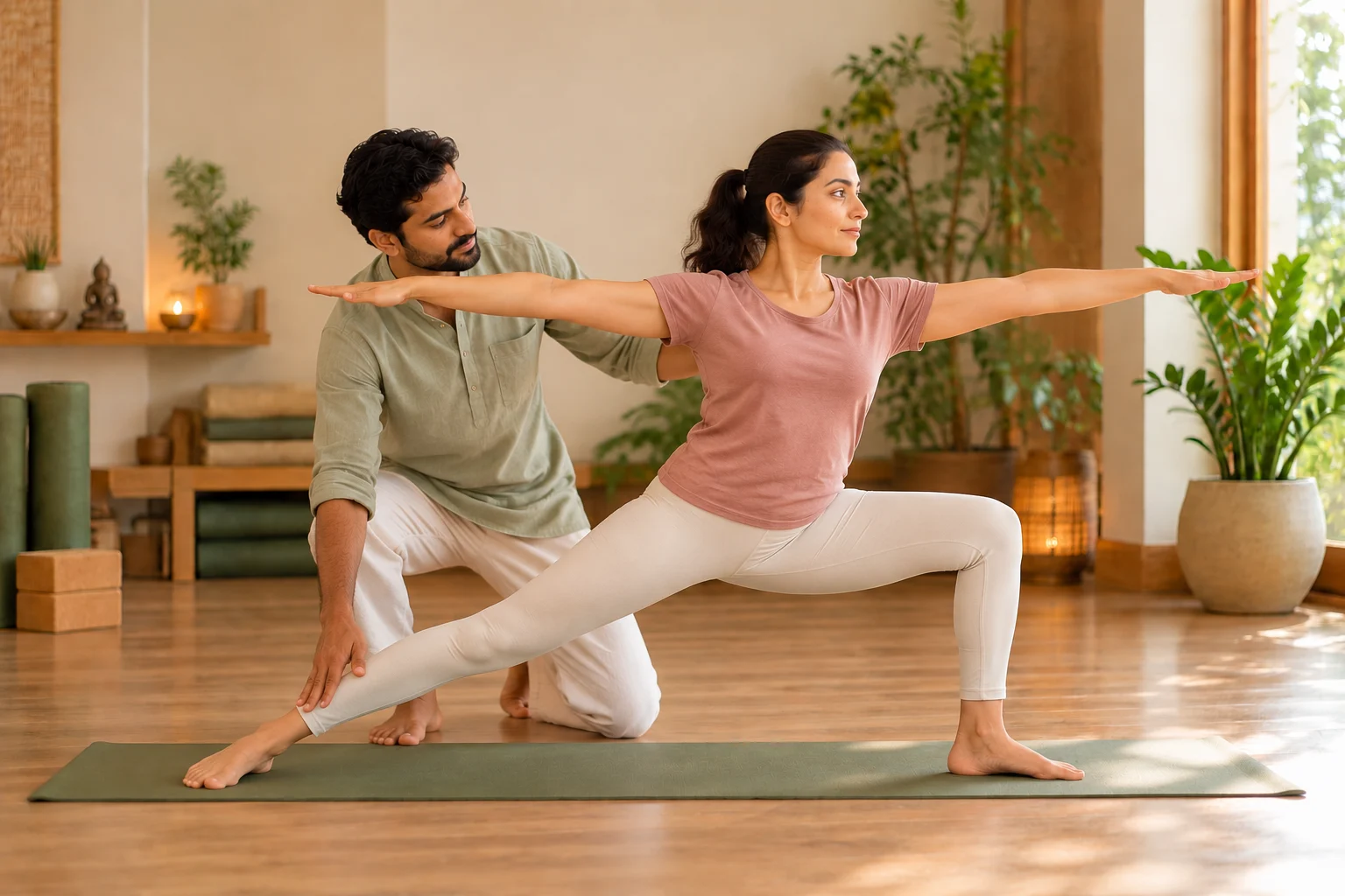 Two students in a guided seated practice