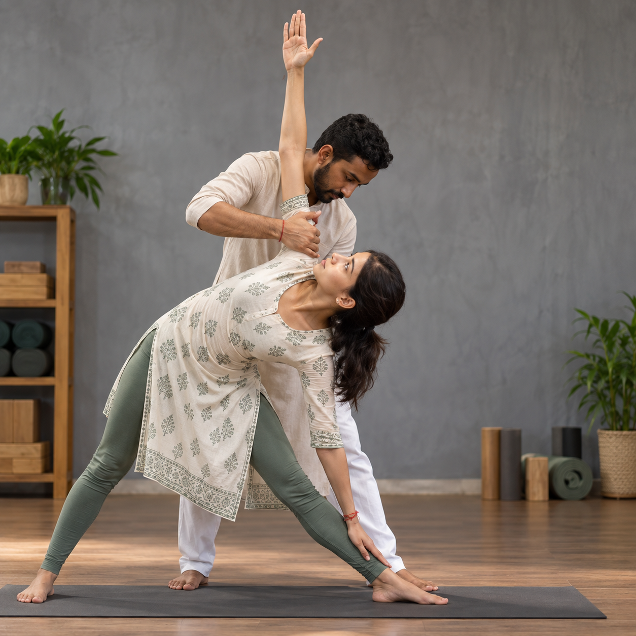Teacher giving hands-on alignment to a client in triangle pose during a one-to-one session