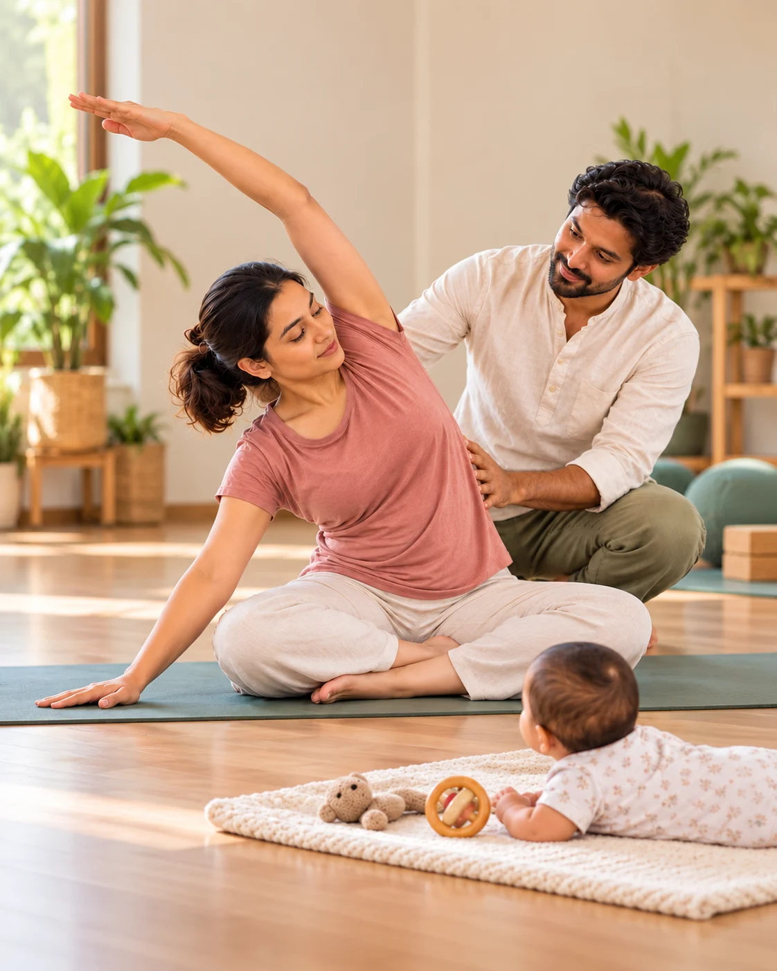 New mother doing a guided side stretch in a postnatal yoga class with her baby beside her
