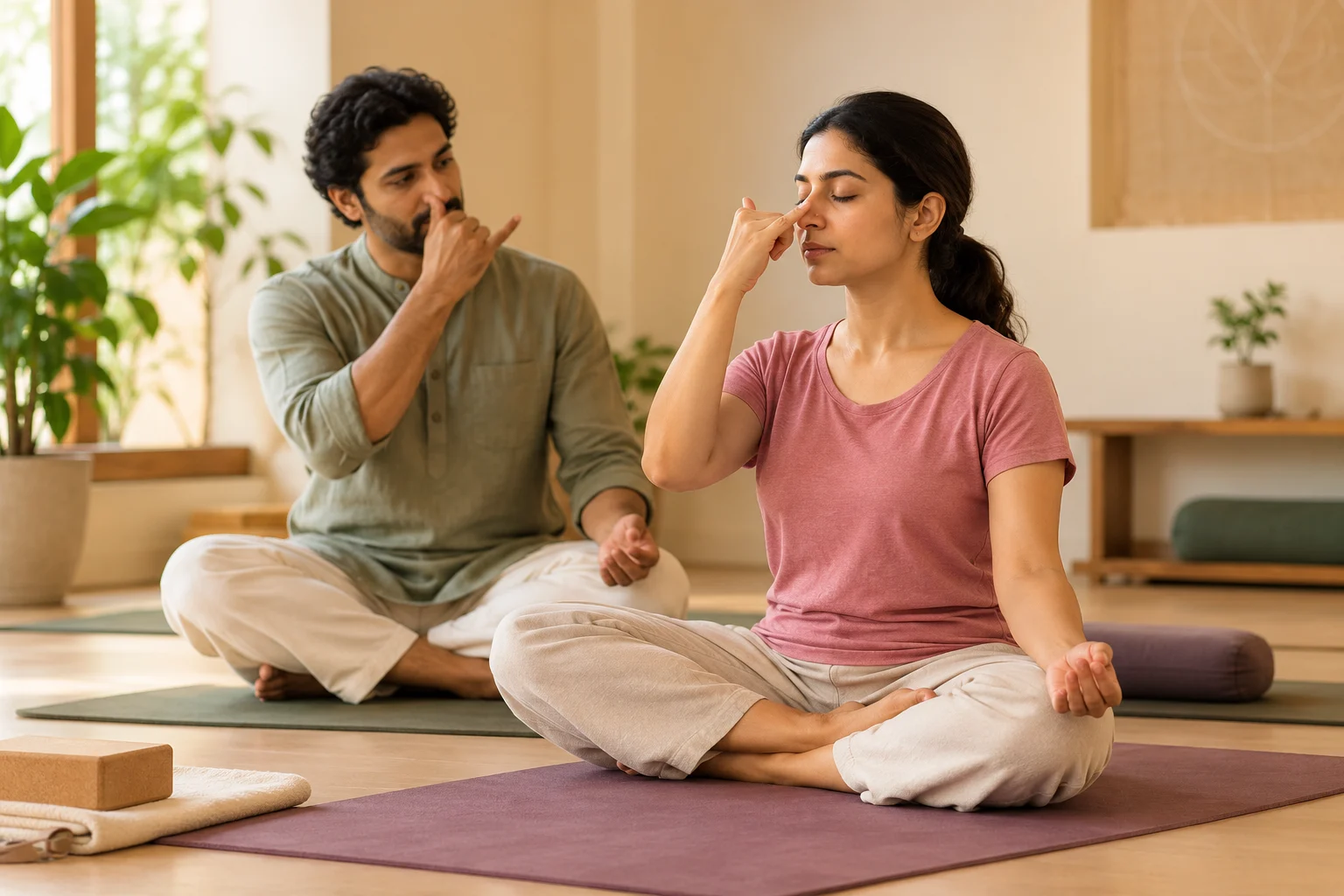 Students closing a class with hands in namaste