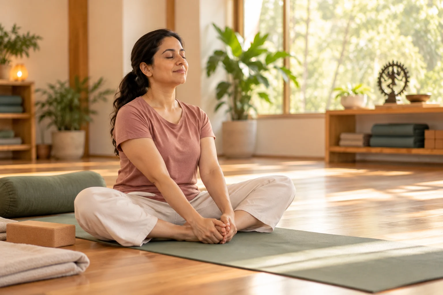 Student resting in stillness on a mat