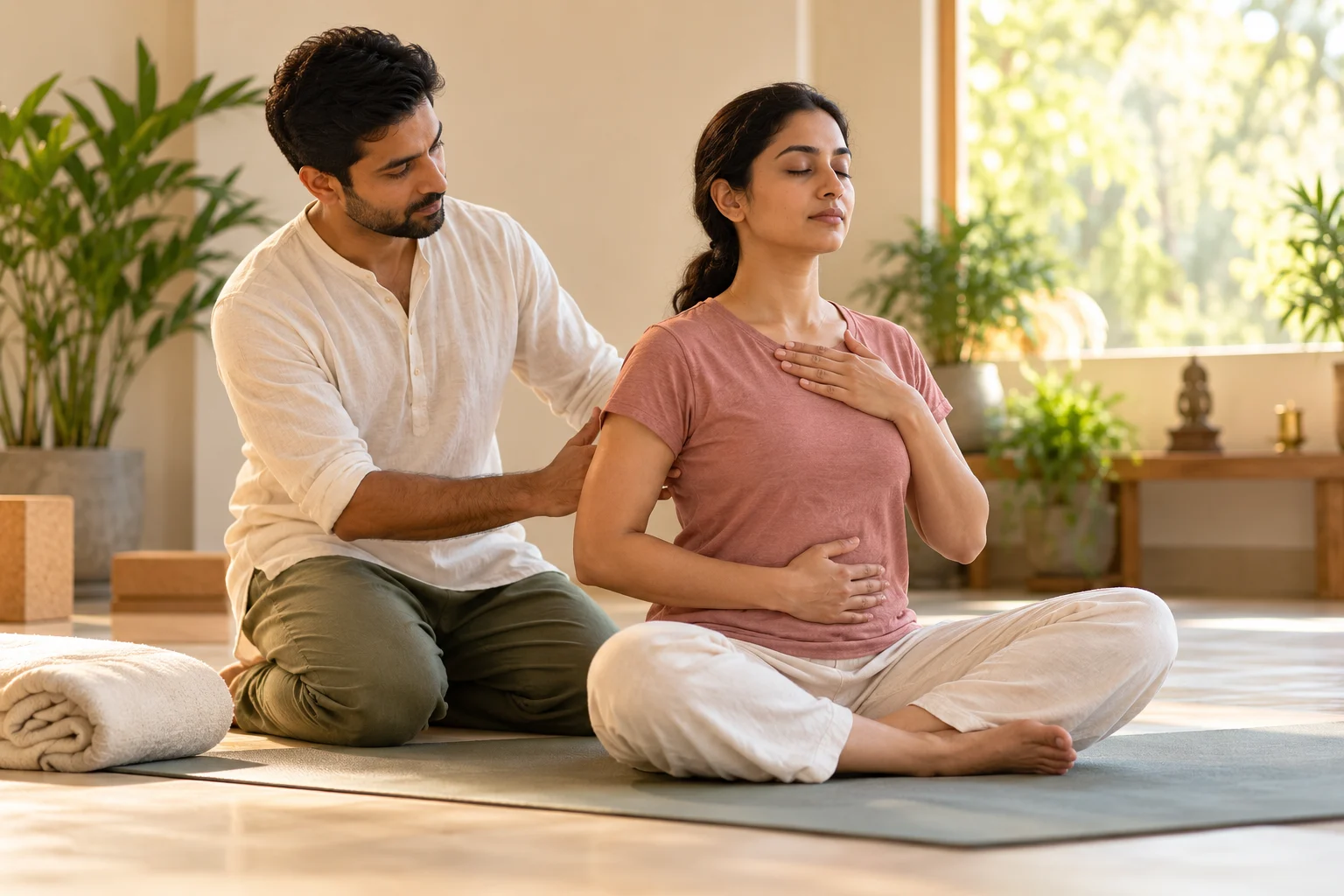 Student with one hand on the chest and one on the belly, noticing the breath
