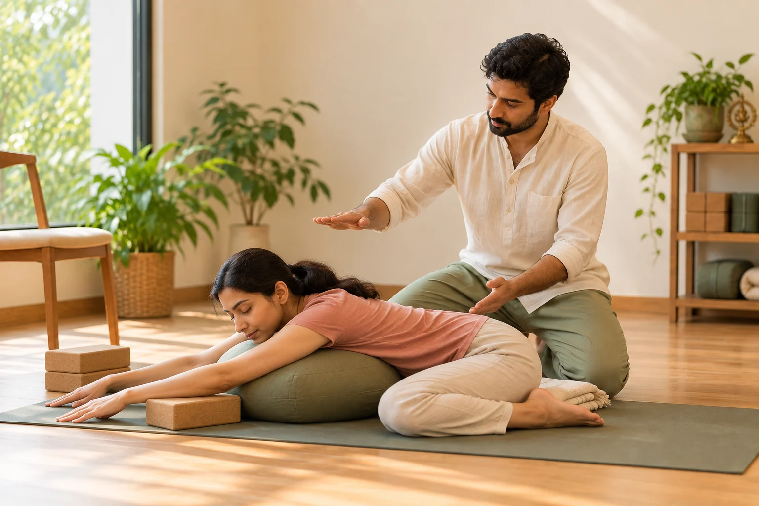 Two students in a guided seated practice