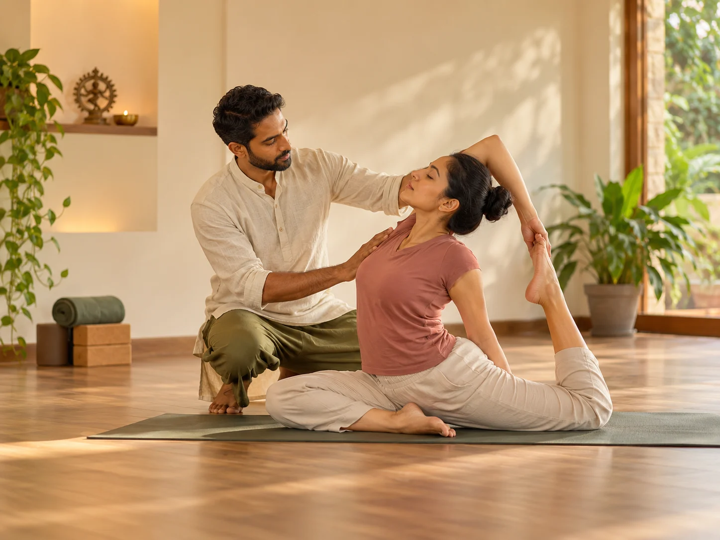 Student in a longer nadi shodhana practice with eyes closed