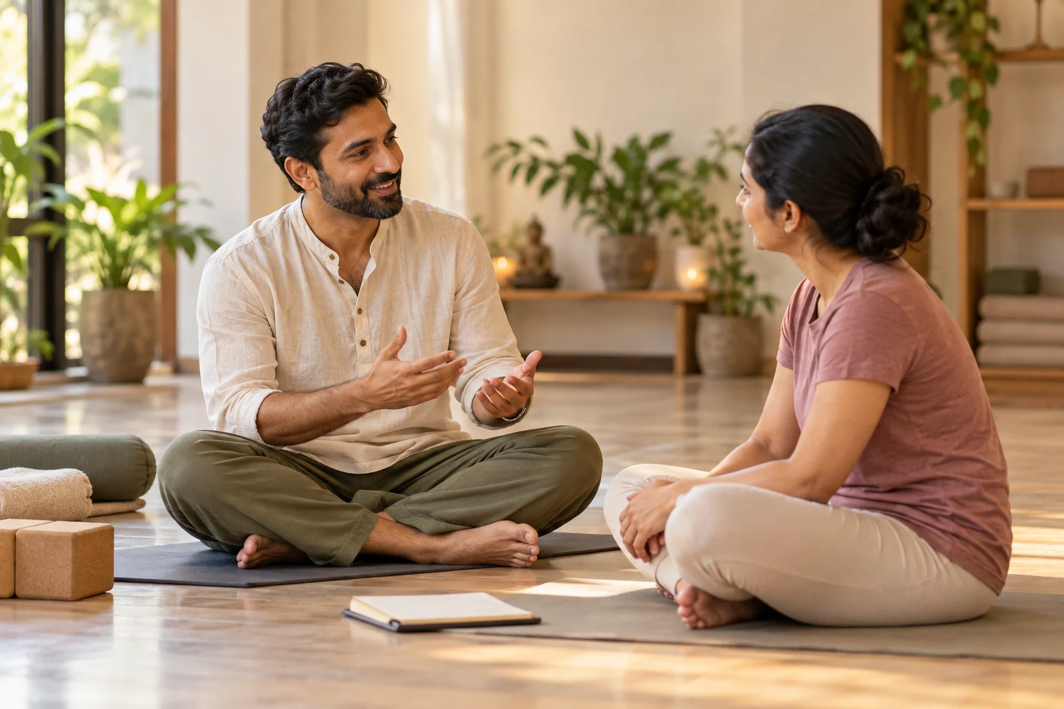 Students closing a pranayama session with hands in namaste