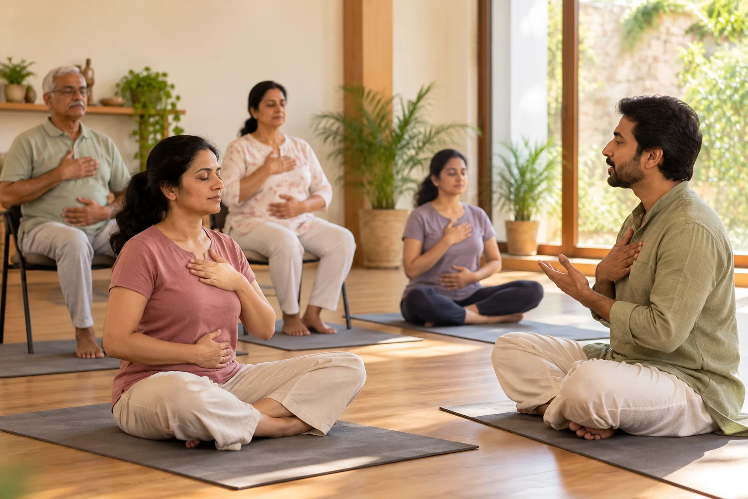 Mixed-age group, including seniors on chairs, attending a gentle class
