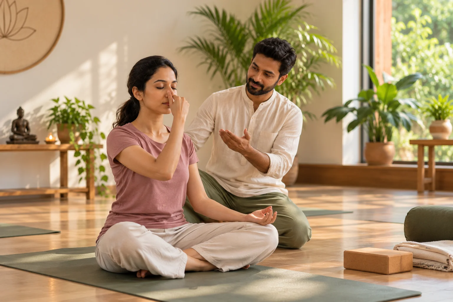 Anahat Yoga teacher guiding a small pranayama group near Balewadi High Street