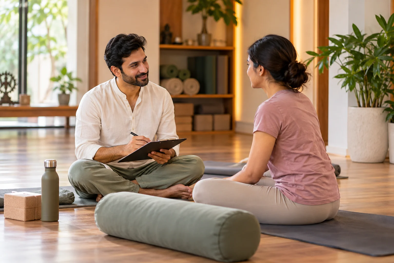 Students arriving for a pranayama class with their yoga mats