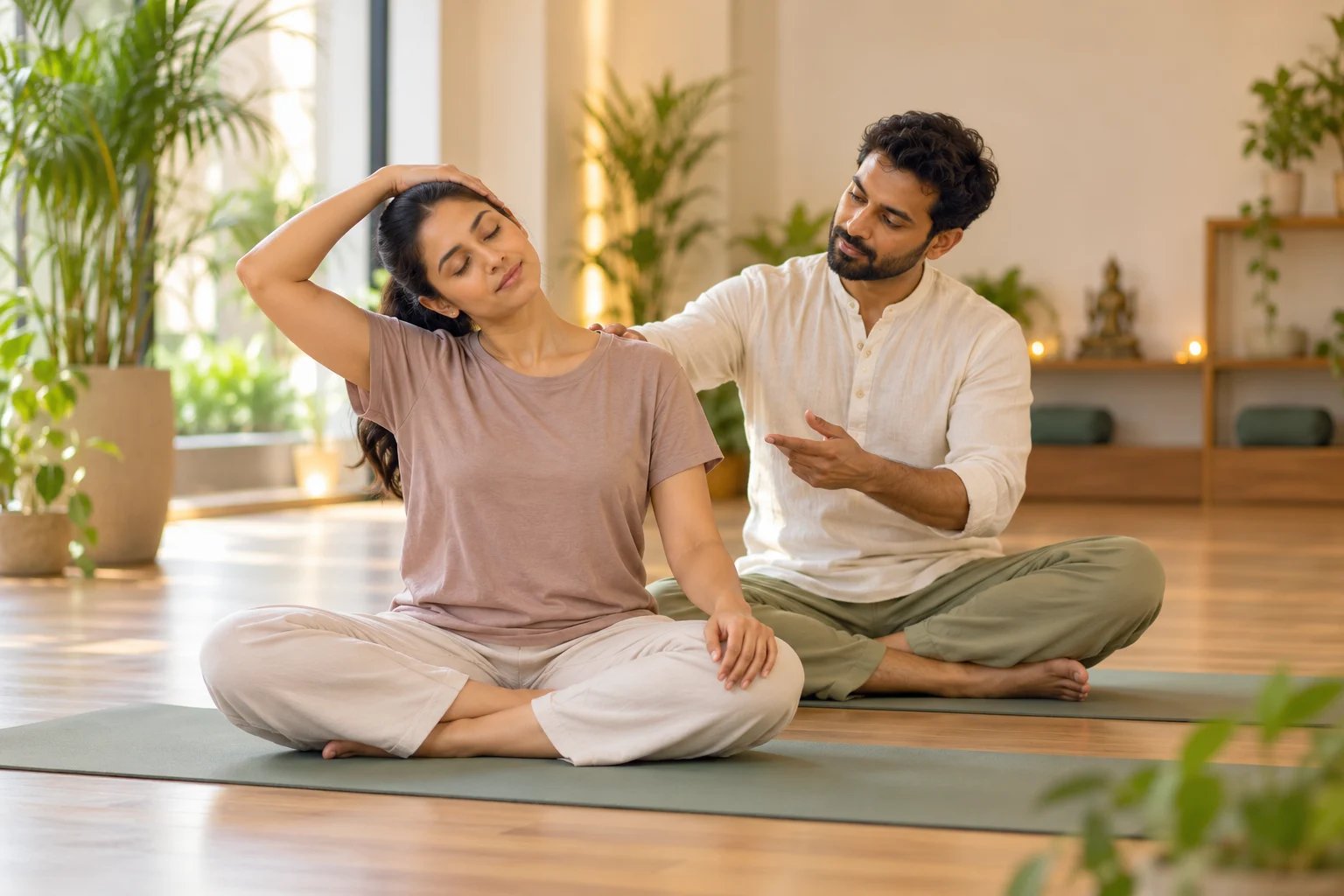 Student seated upright on a mat, preparing the spine for breathwork