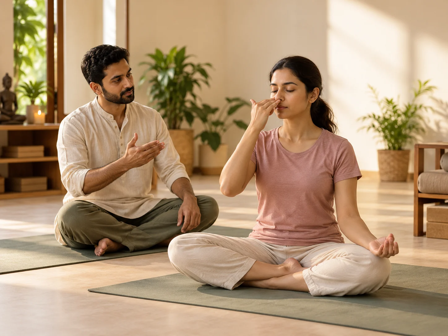 Two students in seated breathing practice