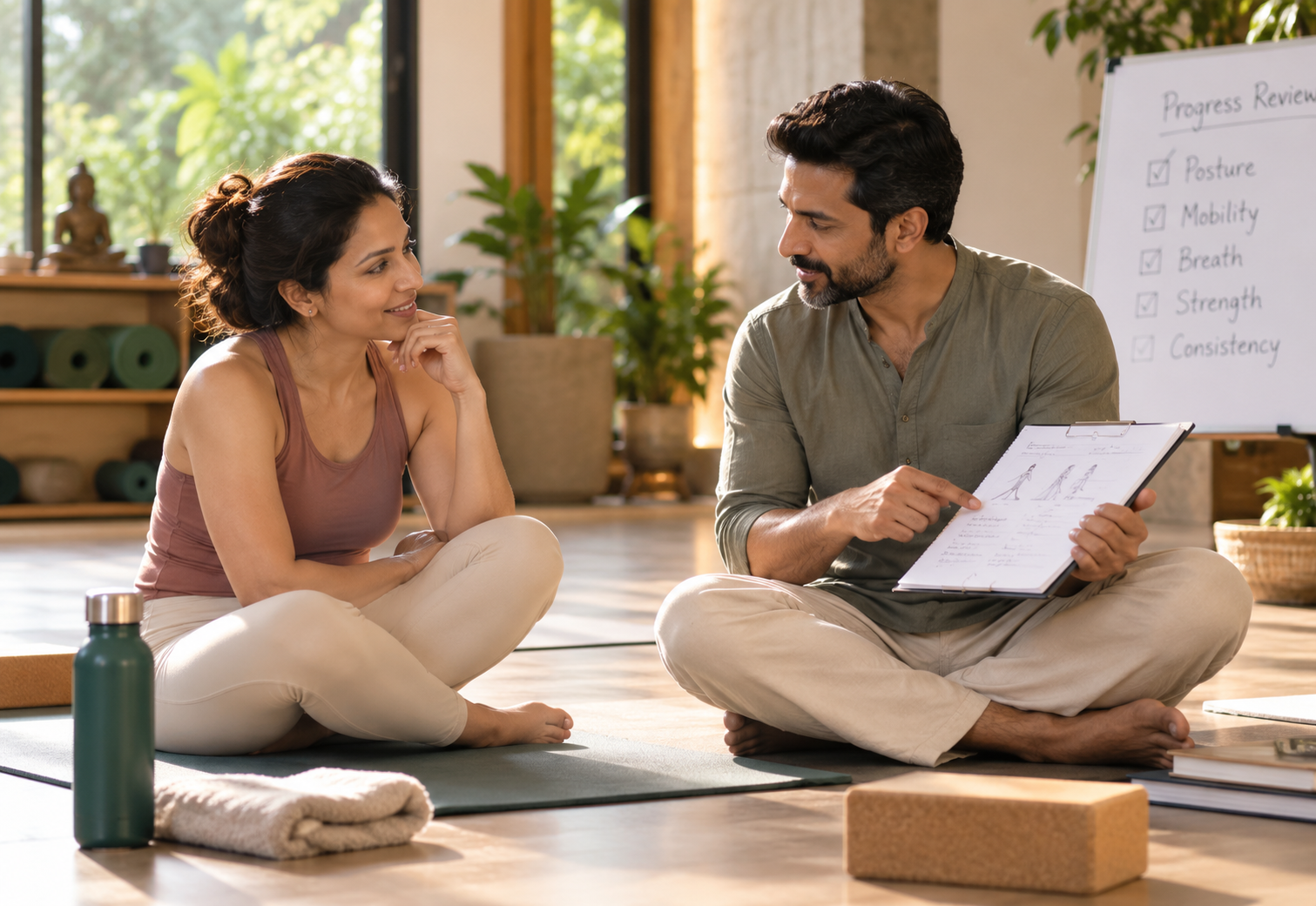 Teacher and client talking through a progress review