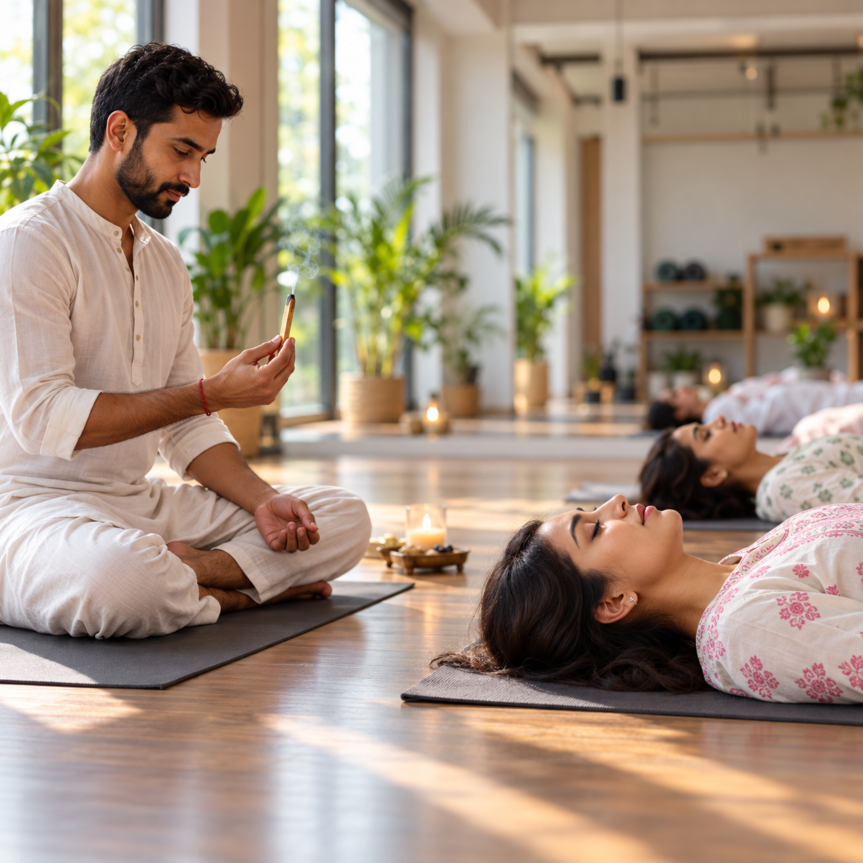Teacher guiding an older client through final relaxation