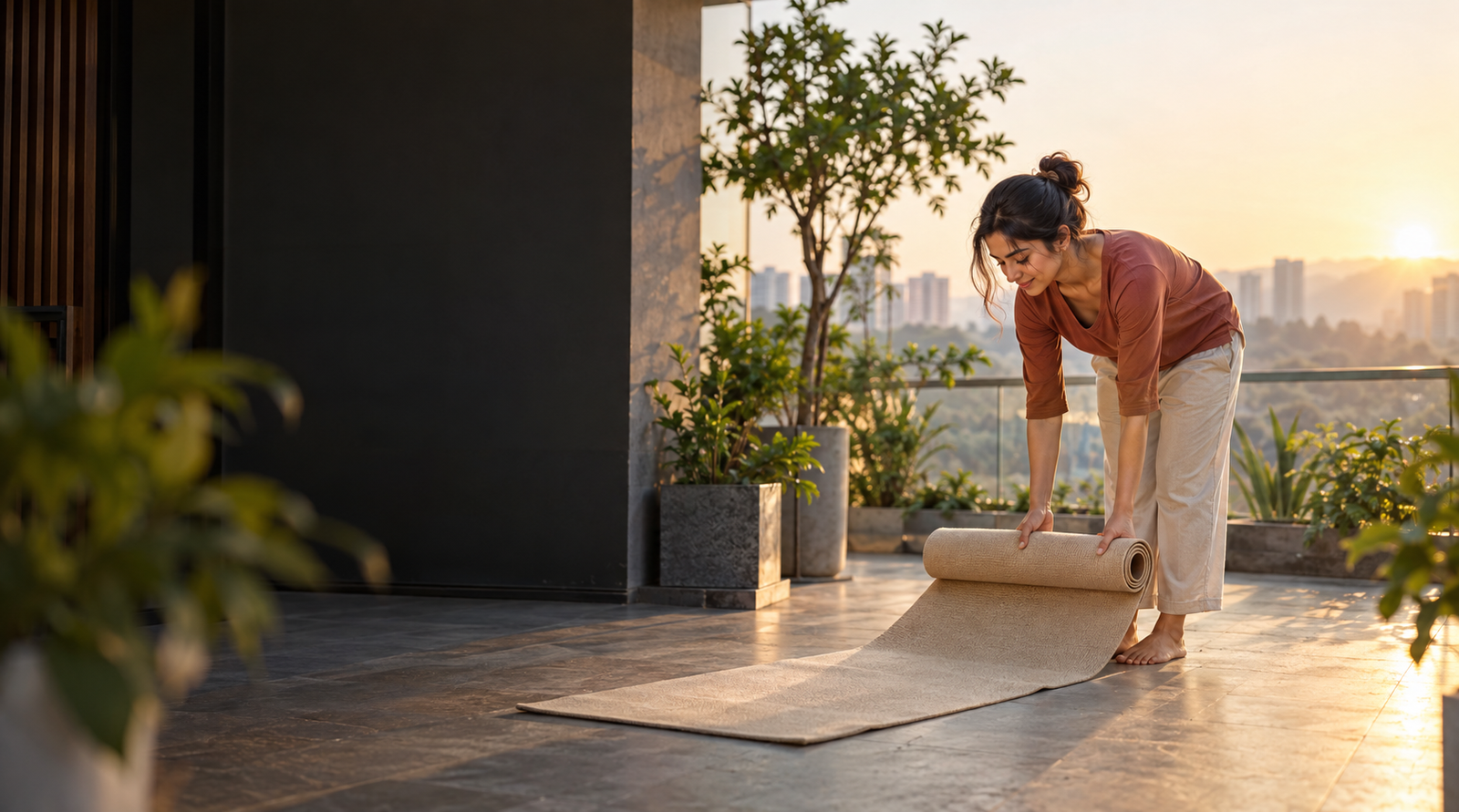 Woman meditating outdoors at sunrise, representing the start of a yoga journey with Anahat Yoga