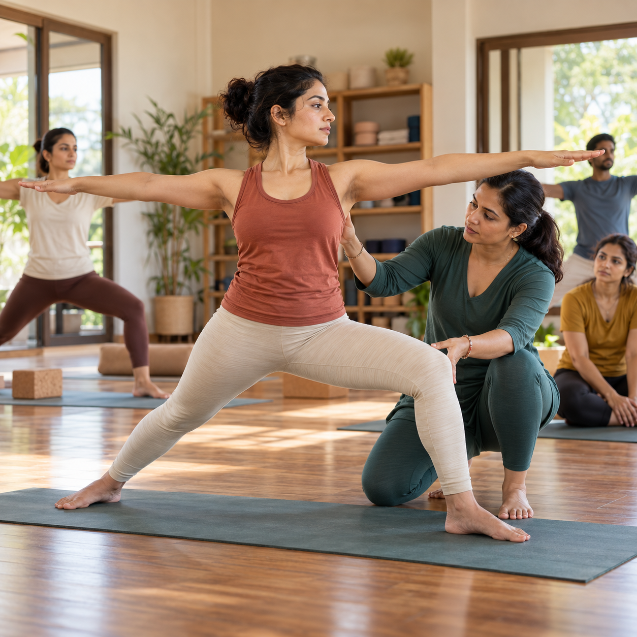 Trainee teacher learning to adjust a student in warrior pose during yoga teacher training in Pune